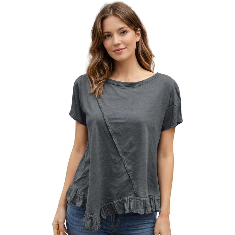 Trendy Wendy Silk Blend Ruffle Raglan Gray Top Small